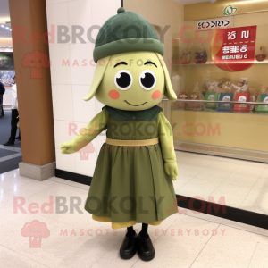 Olive Miso Soup mascot costume character dressed with a Shift Dress and Berets