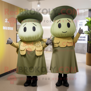 Olive Miso Soup mascot costume character dressed with a Shift Dress and Berets