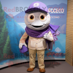 Lavender Fish Tacos mascot costume character dressed with a Oxford Shirt and Wallets