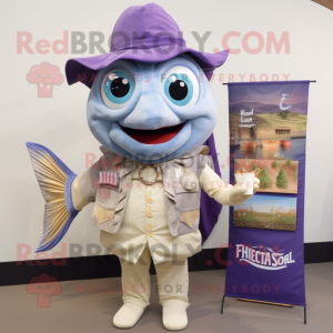 Lavender Fish Tacos mascot costume character dressed with a Oxford Shirt and Wallets