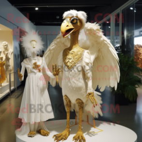 Gold Archeopteryx mascot costume character dressed with a Wedding Dress and Brooches
