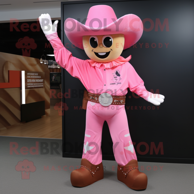 Pink Cowboy mascot costume character dressed with a Polo Shirt and Gloves