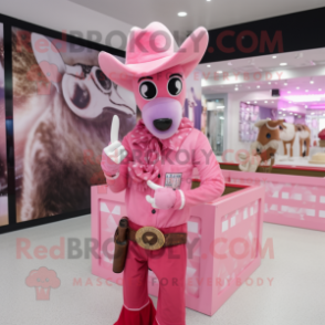 Pink Cowboy mascot costume character dressed with a Polo Shirt and Gloves