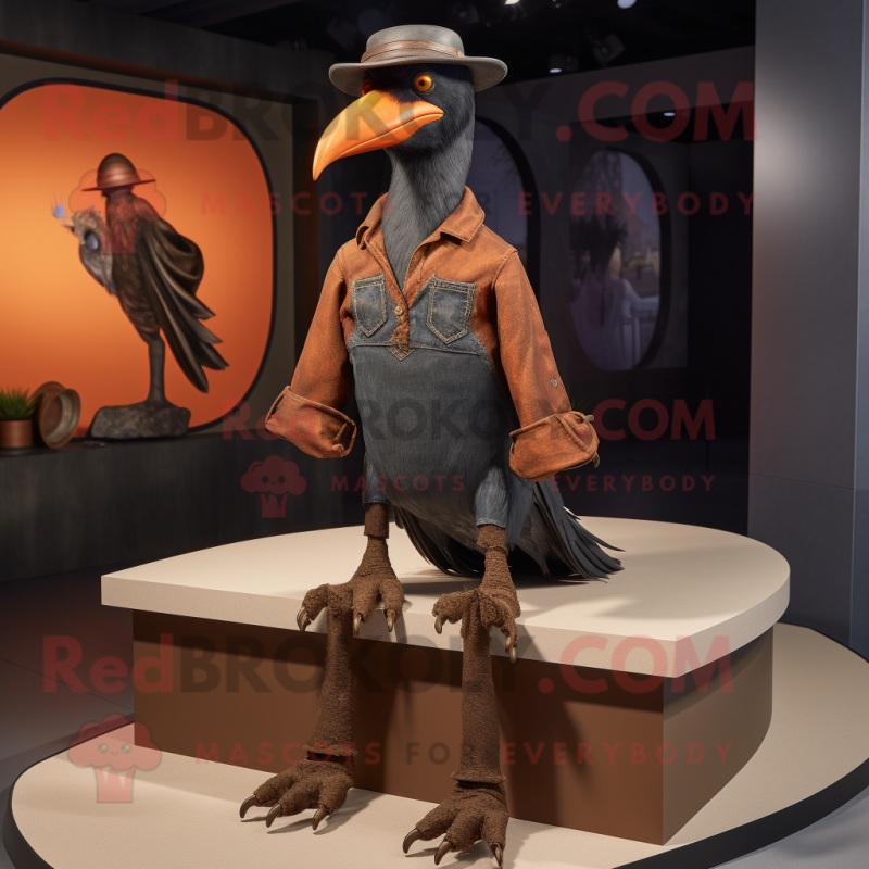 Rust Crow mascot costume character dressed with a Bootcut Jeans and Rings
