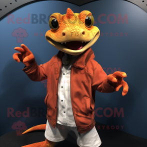 Rust Geckos mascot costume character dressed with a Jacket and Earrings