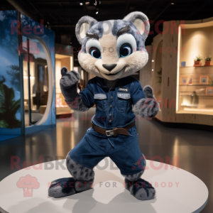 Navy Civet mascot costume character dressed with a Bootcut Jeans and Mittens