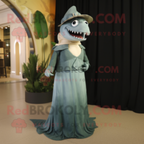 Olive Megalodon mascot costume character dressed with a Evening Gown and Caps