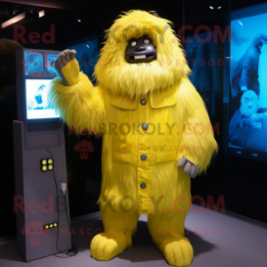 Lemon Yellow Yeti mascot costume character dressed with a Raincoat and Digital watches