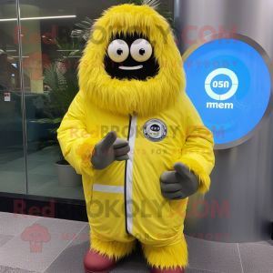Lemon Yellow Yeti mascot costume character dressed with a Raincoat and Digital watches