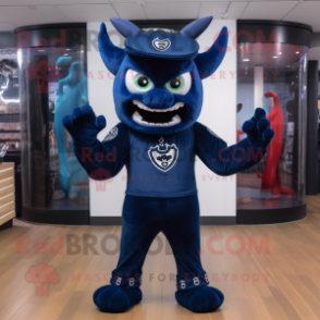 Navy Devil mascot costume character dressed with a Jeggings and Beanies