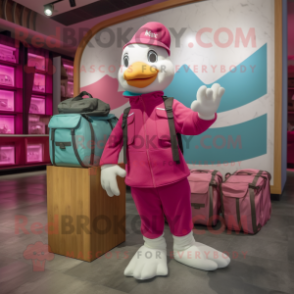 Magenta Dove mascot costume character dressed with a Cargo Pants and Tote bags