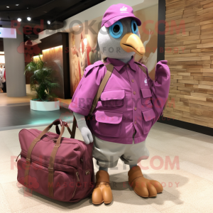 Magenta Dove mascot costume character dressed with a Cargo Pants and Tote bags