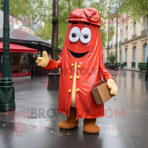 Red French Fries mascot costume character dressed with a Raincoat and Briefcases