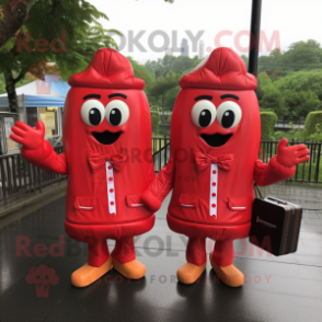 Red French Fries mascot costume character dressed with a Raincoat and Briefcases