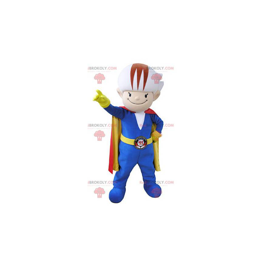 Colorful snowman mascot with a jumpsuit and a cape -