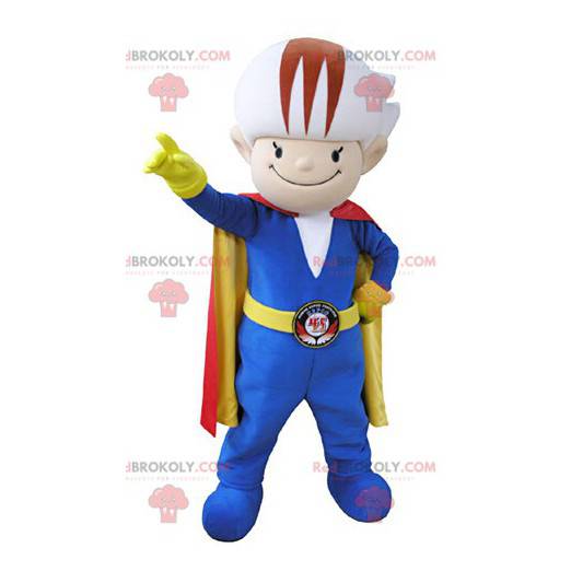 Colorful snowman mascot with a jumpsuit and a cape -