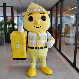 Lemon Yellow Ice Cream mascot costume character dressed with a V-Neck Tee and Briefcases