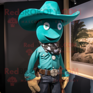 Turquoise Cowboy mascot costume character dressed with a Polo Shirt and Tie pins