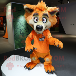 Orange Hyena mascot costume character dressed with a T-Shirt and Shoe clips