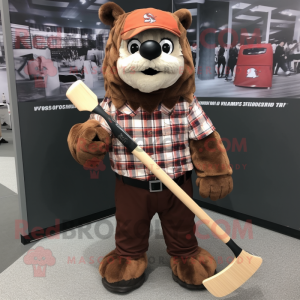 Brown Ice Hockey Stick mascot costume character dressed with a Flannel Shirt and Backpacks