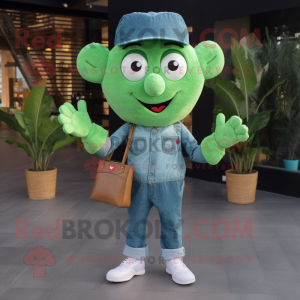 Green Heart mascot costume character dressed with a Denim Shirt and Wallets