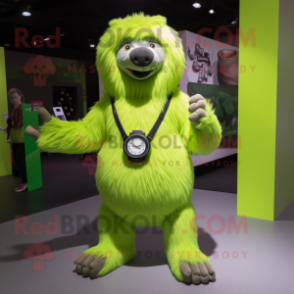 Lime Green Sloth Bear mascot costume character dressed with a Midi Dress and Digital watches