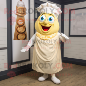 Cream Fish And Chips mascot costume character dressed with a Dress and Headbands