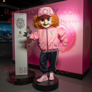 Pink Irish Dancer mascot costume character dressed with a Windbreaker and Lapel pins