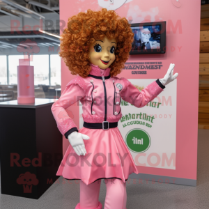 Pink Irish Dancer mascot costume character dressed with a Windbreaker and Lapel pins