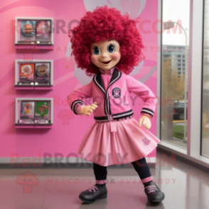 Pink Irish Dancer mascot costume character dressed with a Windbreaker and Lapel pins