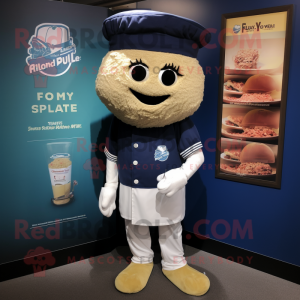 Navy Falafel mascot costume character dressed with a Henley Tee and Hat pins