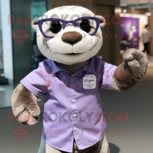 Lavender Otter mascot costume character dressed with a Button-Up Shirt and Watches