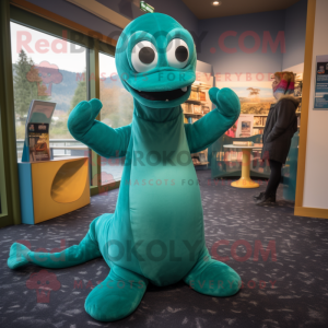 Teal Loch Ness Monster mascot costume character dressed with a Mini Dress and Mittens