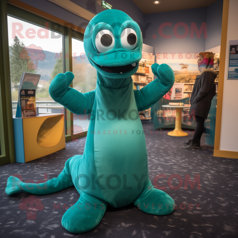 Teal Loch Ness Monster mascot costume character dressed with a Mini Dress and Mittens