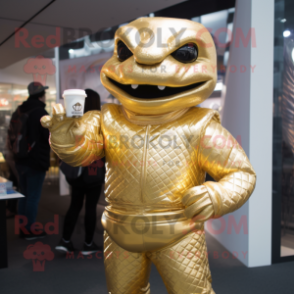 Gold Ice mascot costume character dressed with a Turtleneck and Clutch bags