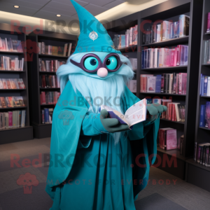 Teal Wizard mascot costume character dressed with a Ball Gown and Reading glasses