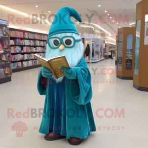 Teal Wizard mascot costume character dressed with a Ball Gown and Reading glasses