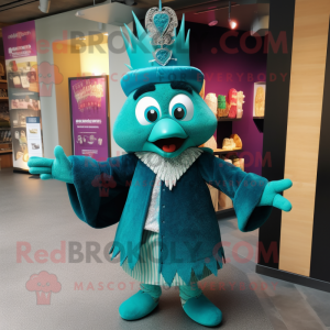 Teal Queen mascot costume character dressed with a Cardigan and Hats