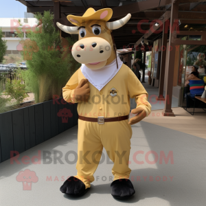 Gold Beef Stroganoff mascot costume character dressed with a Overalls and Shoe clips