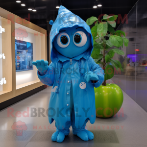 Cyan Apple mascot costume character dressed with a Raincoat and Digital watches