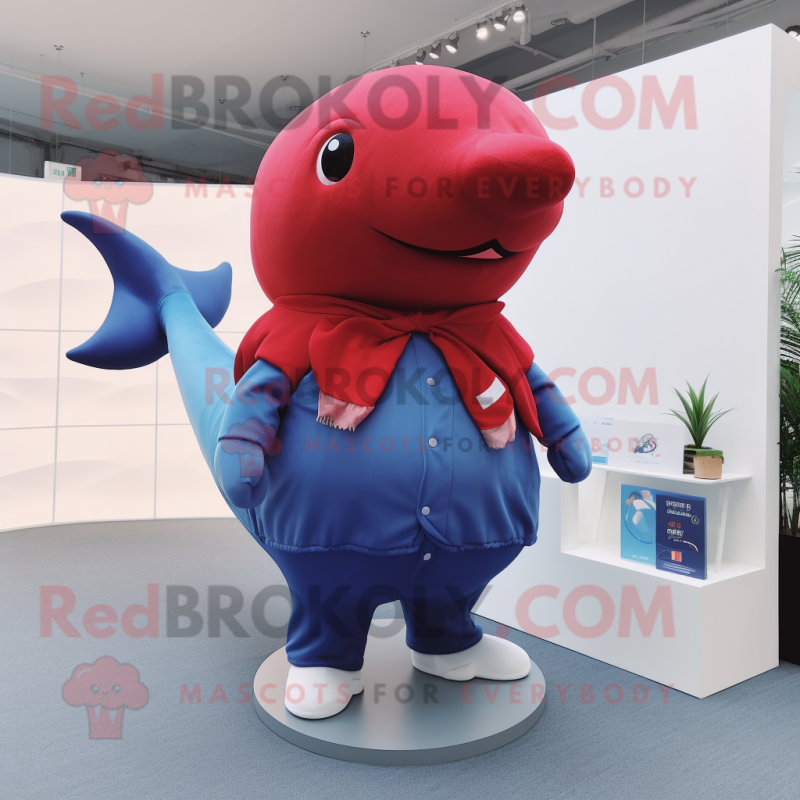 Red Blue Whale mascot costume character dressed with a Chinos and Hair clips