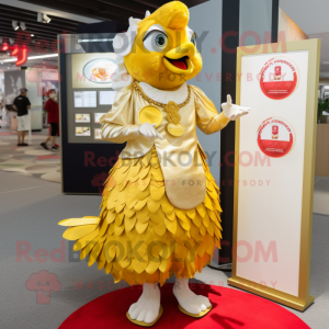 Gold Fried Chicken mascot costume character dressed with a A-Line Dress and Coin purses