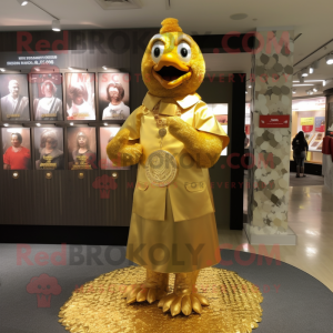 Gold Fried Chicken mascot costume character dressed with a A-Line Dress and Coin purses