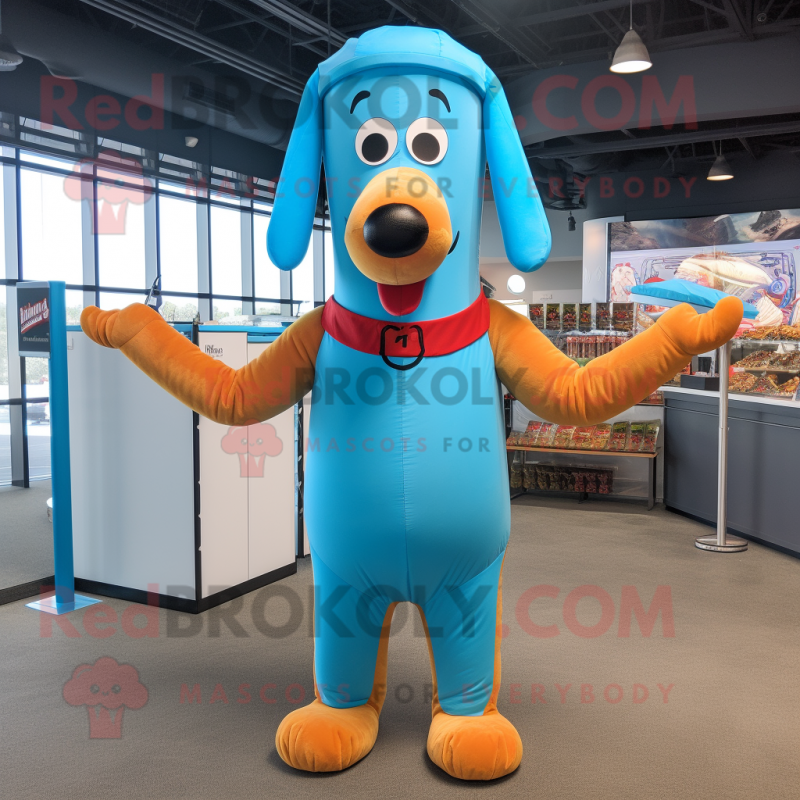 Sky Blue Hot Dogs mascot costume character dressed with a Swimwear and Suspenders