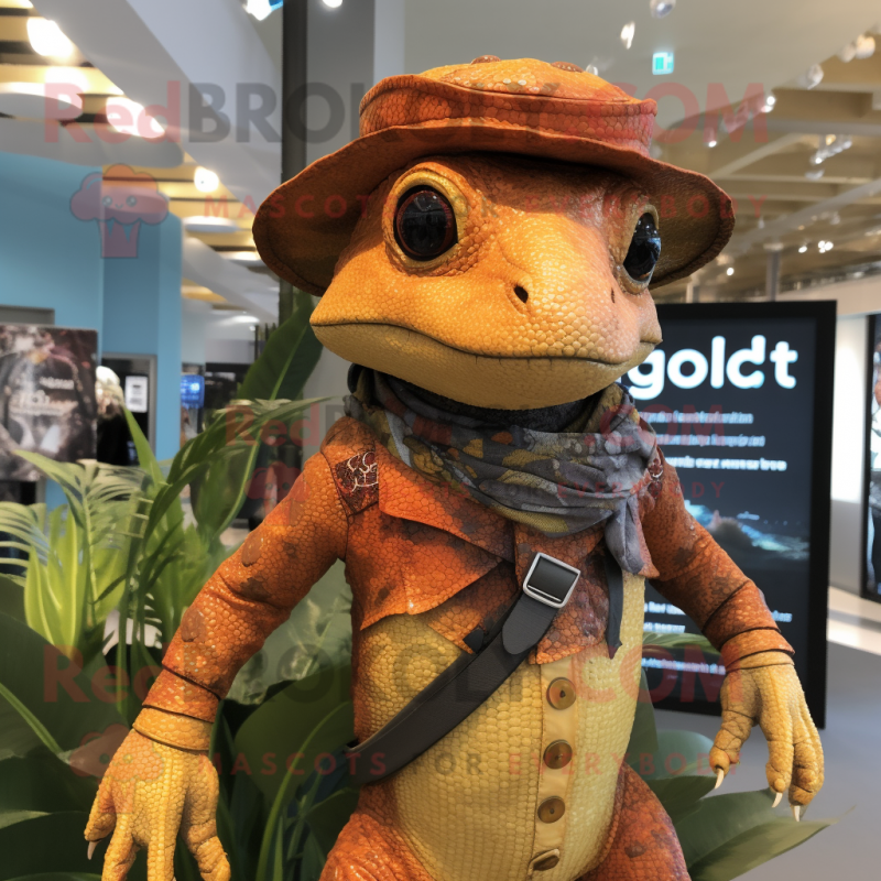 Rust Geckos mascot costume character dressed with a Playsuit and Hats