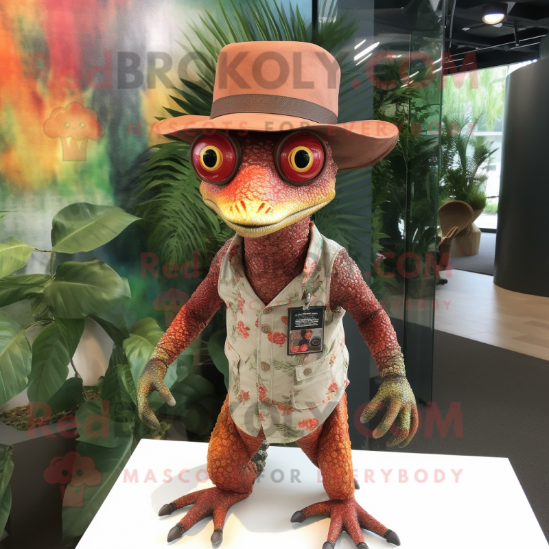 Rust Geckos mascot costume character dressed with a Playsuit and Hats