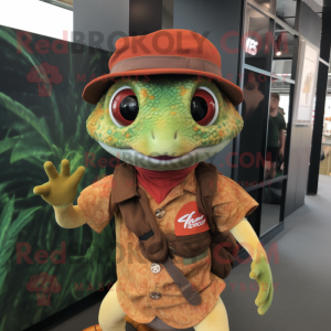 Rust Geckos mascot costume character dressed with a Playsuit and Hats