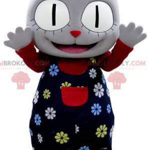 Graues Katzenmaskottchen mit einem Blumenoutfit - Redbrokoly.com