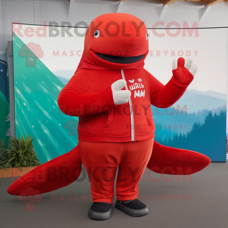 Red Humpback Whale mascot costume character dressed with a V-Neck Tee and Mittens