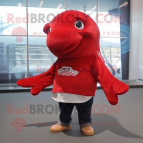 Red Humpback Whale mascot costume character dressed with a V-Neck Tee and Mittens